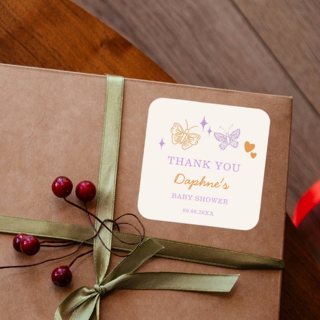 Adesivo Quadrado Lavanda branca e Chá de fraldas de borboleta laran (Criador carregado)