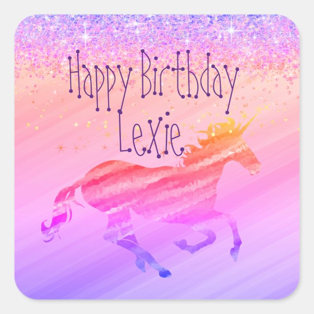 Adesivo Quadrado Lavanda brilhante e Unicórnio rosa (Frente)