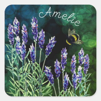 Adesivo Quadrado Lavanda e Bumblebee pintados com aquarelas