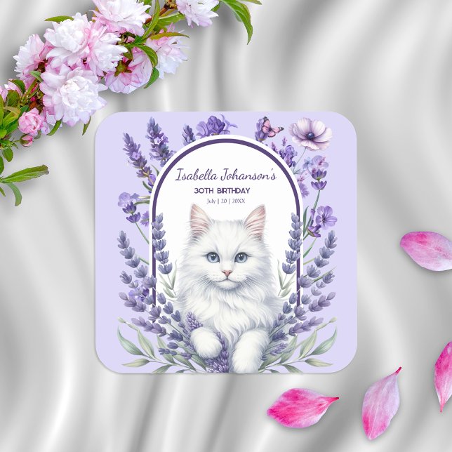 Adesivo Quadrado Lavanda Elegante e Aniversário de Gato (Criador carregado)
