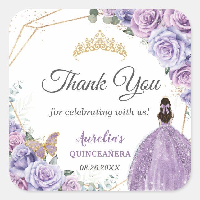 Adesivo Quadrado Lavanda Lilática Roxa Quinceañera Princesa Floral (Frente)