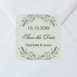 Adesivo Quadrado Lavanda sábio, casamento verde Salve a data<br><div class="desc">Um adesivo "Salvar data" para o seu casamento. Um fundo verde de moda decorado com flores lavandas e verde de eucalipto. Personalize e adicione seus nomes e data de casamento.</div>