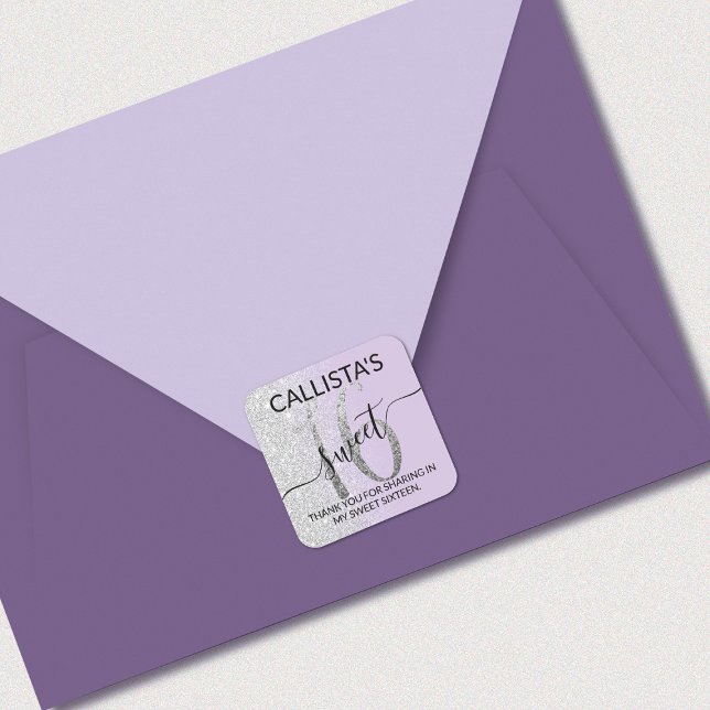 Adesivo Quadrado Lavanda Silver Glitter Ombre Sweet 16 Favor (Criador carregado)