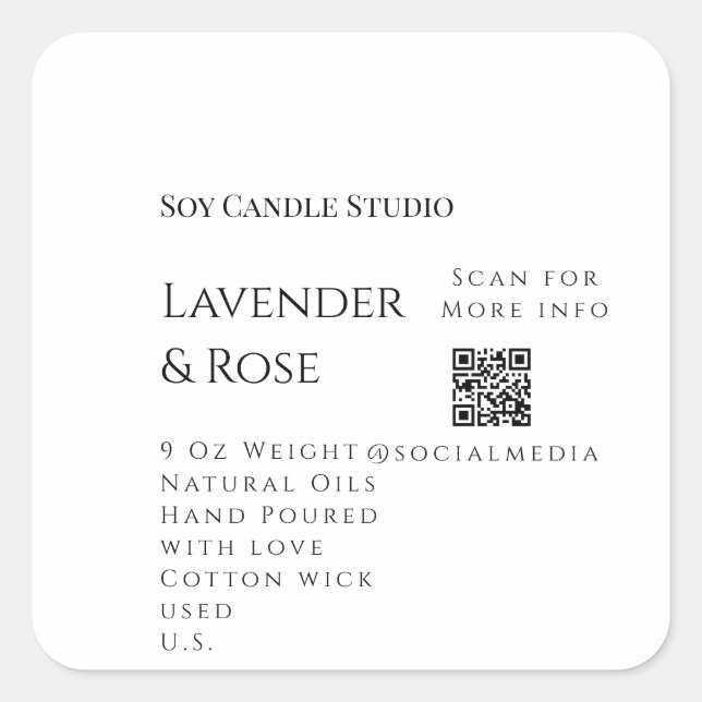 Adesivo Quadrado Lavanda soy candela com rosa adicione q r código t (Frente)