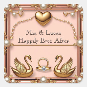 Adesivo Quadrado Layout de Casamento de Cisne em Dourado Rosa Român