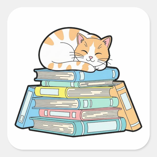 Adesivo Quadrado Lazy Cat on Books – Cute Cozy Illustration (Frente)