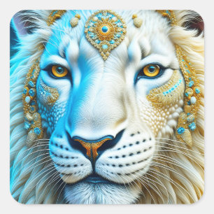 Adesivo Quadrado Leão branco majestoso e Dourado