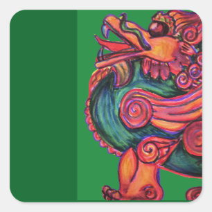 Adesivo Quadrado leão chinês vermelho em verde