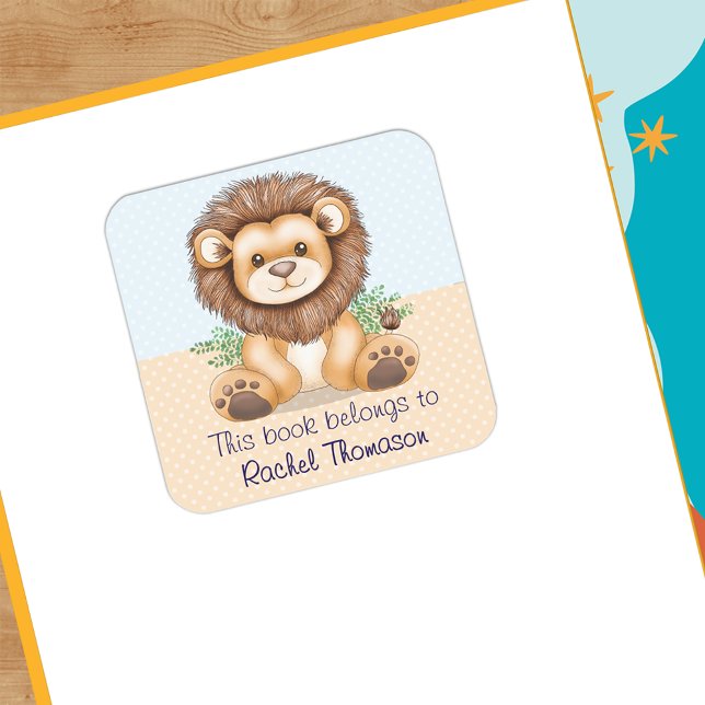 Adesivo Quadrado Leão De Bebê Bonito Este Livro Pertence A Personal (Cute Baby Lion This Book Belongs To Personalized Square Sticker)