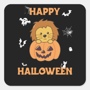 Adesivo Quadrado Leão Em Pumpkin Leões Doce Feliz Dia das Bruxas