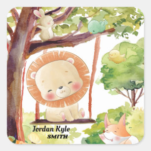 Adesivo Quadrado Leão, Raposa, Coelho e Pássaros Balançando Naturez