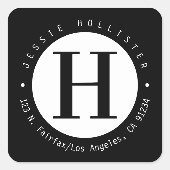 Adesivo Quadrado Legal círculo preto e branco Monograma Endereço de (Frente)