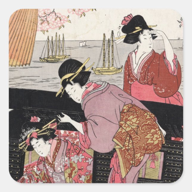 Adesivo Quadrado Legal ukiyo-e trio geisha Lady Scroll (Frente)