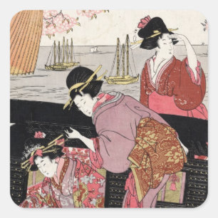 Adesivo Quadrado Legal ukiyo-e trio geisha Lady Scroll