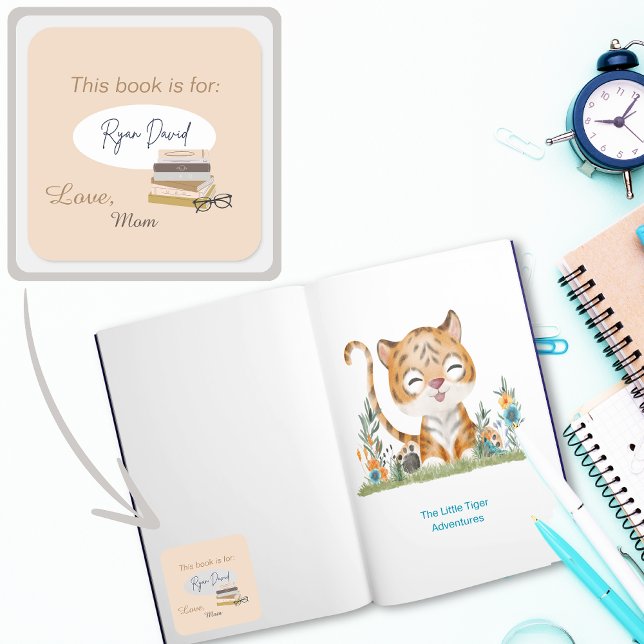 Adesivo Quadrado Leitura de Livros de Crianças Personalizadas (Reading Collection Bookplate Books)