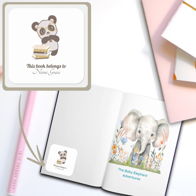 Adesivo Quadrado Leitura do Livro em Placa para Crianças (Reading Collection Bookplate Panda)