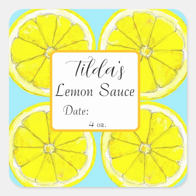 Adesivo Quadrado Lemon Sauce Homemade Condiment Jar Label (Frente)