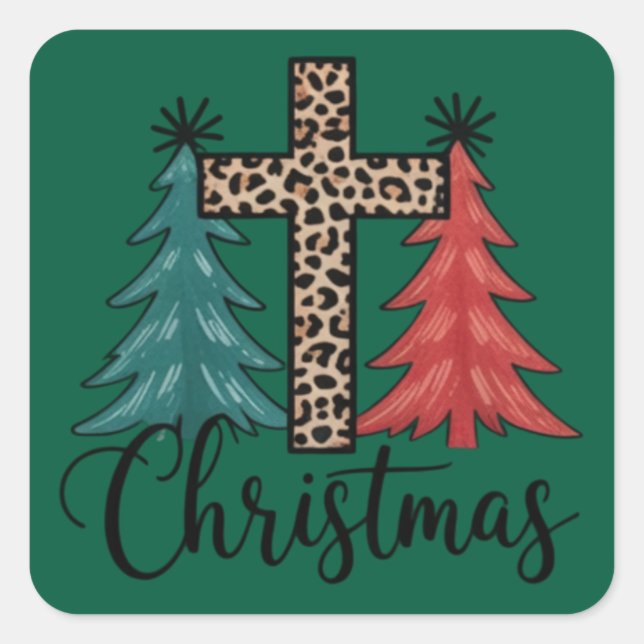 Adesivo Quadrado Leopard Cross Christmas Trees Christian (Frente)