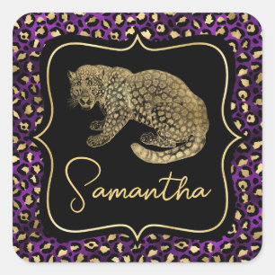 Adesivo Quadrado Leopardo Dourado e Impressão de Leopardo Roxo