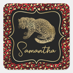 Adesivo Quadrado Leopardo Dourado e Impressão de Leopardo Vermelho