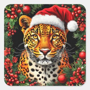 Adesivo Quadrado Leopardo Festivo Usando Chapéu de Papai Noel
