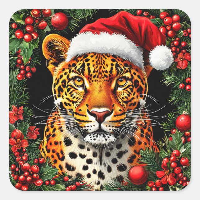 Adesivo Quadrado Leopardo festivo Vestindo Santa Hat (Frente)