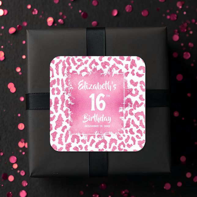 Adesivo Quadrado Leopardo Rosa Quente Doce 16 Aniversário (Hot pink and white leopard print Sweet 16 birthday square favor stickers)