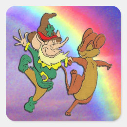 Adesivo Quadrado Leprechaun e Mouse dançando com o Rainbow