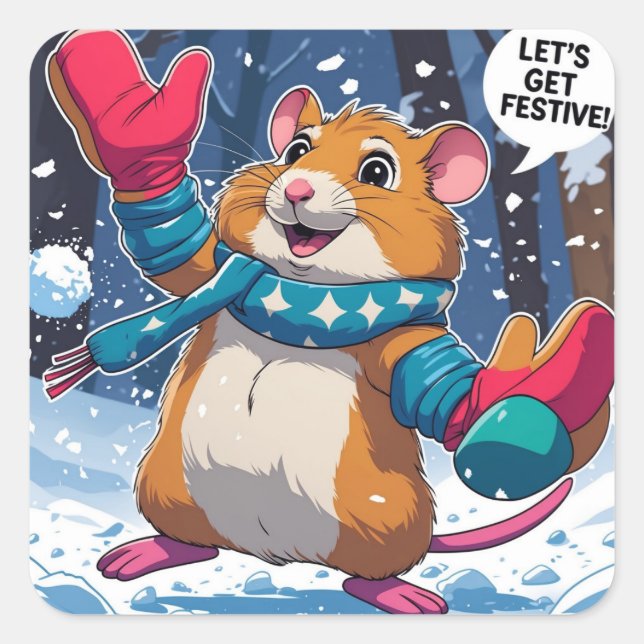 Adesivo Quadrado Let’s Get Festive Funny Hamster Throwing Snowball (Frente)