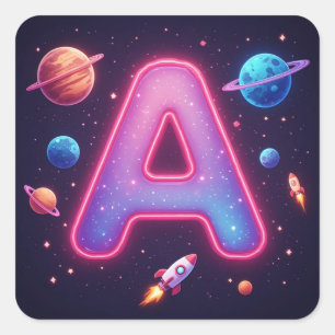 Adesivo Quadrado 🚀 Letra A do Alfabeto Cósmico Foguetes Estrelas �