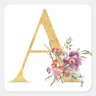 Adesivo Quadrado Letra A dourada com flores