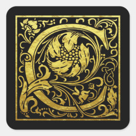 Adesivo Quadrado Letra C Primeira Letra Faux Dourado Preto