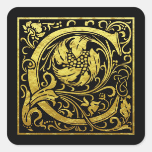 Adesivo Quadrado Letra C Primeira Letra Faux Dourado Preto