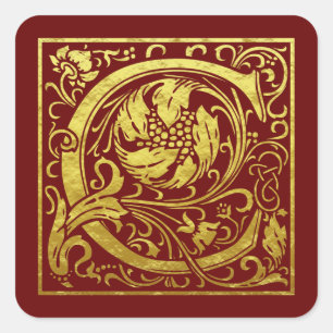 Adesivo Quadrado Letra C Primeira Letra Faux Vermelho Dourado