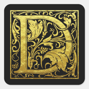 Adesivo Quadrado Letra D Primeira Letra Faux Dourado Preto