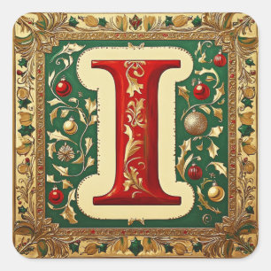 Adesivo Quadrado Letra Dourada e Vermelha I com Greenery de Natal