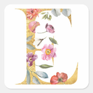 Adesivo Quadrado Letra E dourada com flores