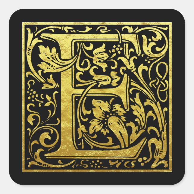 Adesivo Quadrado Letra E Primeira Letra Faux Dourado Preto (Frente)