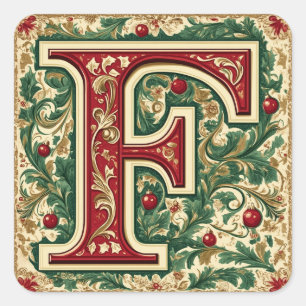 Adesivo Quadrado Letra F elegante: Vermelho Natal e Dourado