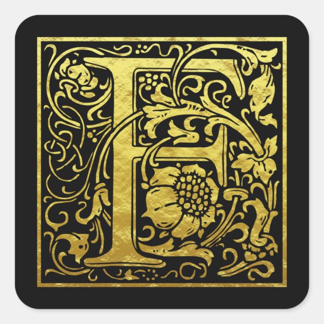 Adesivo Quadrado Letra F Primeira Letra Faux Dourado Preto (Frente)