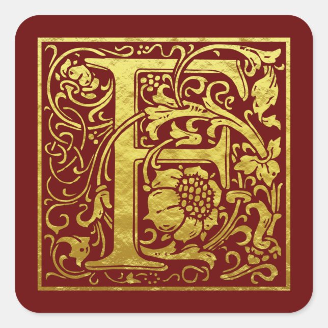 Adesivo Quadrado Letra F Primeira Letra Faux Dourado Vermelho (Frente)