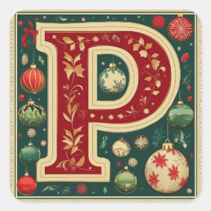 Adesivo Quadrado Letra Feriada P com Vermelho, Verde e Dourado