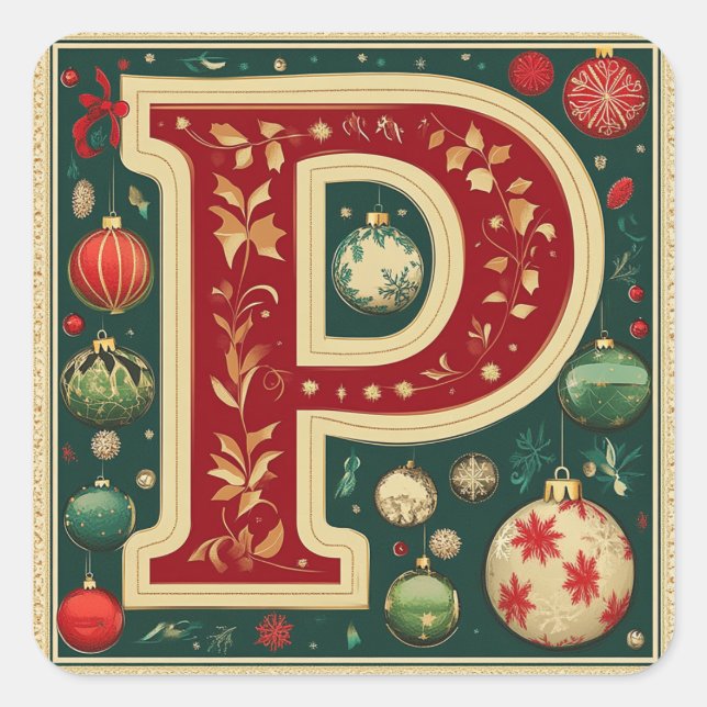 Adesivo Quadrado Letra Feriada P com Vermelho, Verde e Dourado (Frente)