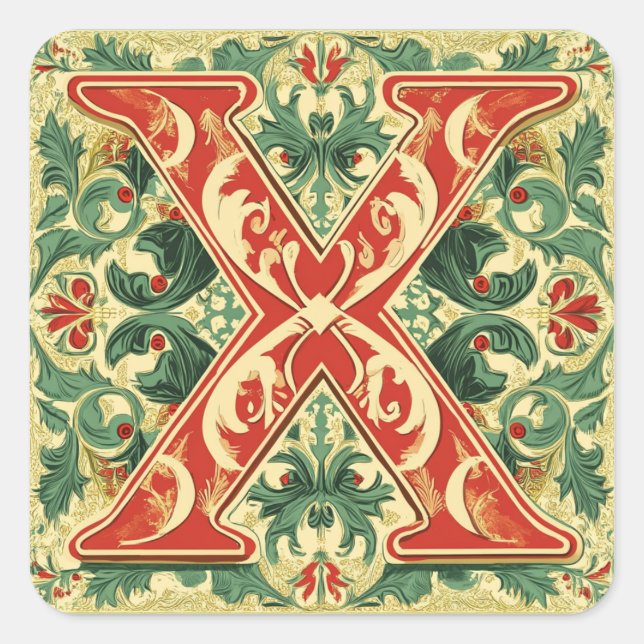 Adesivo Quadrado Letra Feriada X: Venerado de Natal e Dourado (Frente)