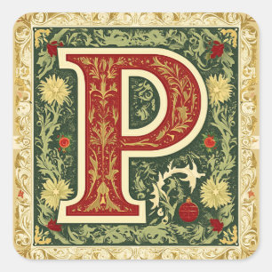 Adesivo Quadrado Letra Festiva P: Vermelho, Verde, Creme e Dourado