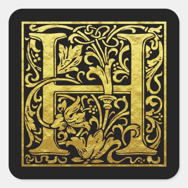 Adesivo Quadrado Letra H Primeira Letra Faux Dourado Preto (Frente)