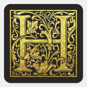 Adesivo Quadrado Letra H Primeira Letra Faux Dourado Preto
