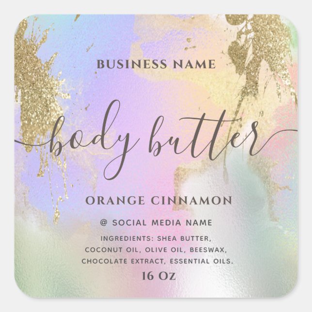 Adesivo Quadrado Letra holográfica líquida dourada moderna escrita (Frente)