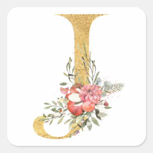 Adesivo Quadrado Letra J MONOGRAMA dourada com flores