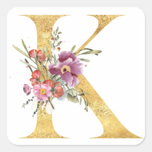 Adesivo Quadrado Letra K em MONOGRAMA dourado com flores